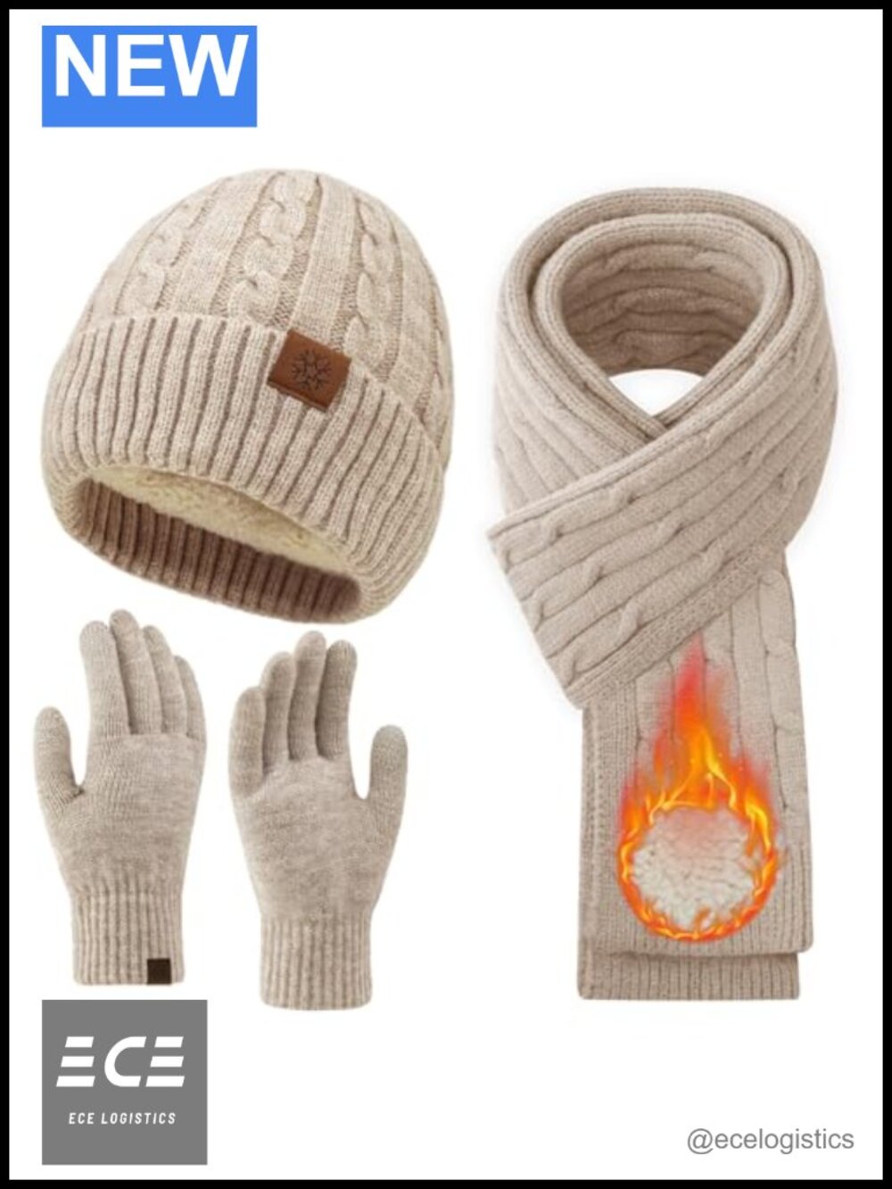Fleece Lined Beanie Scarf Touch Screen Gloves Set Acrylic Nylon Winter